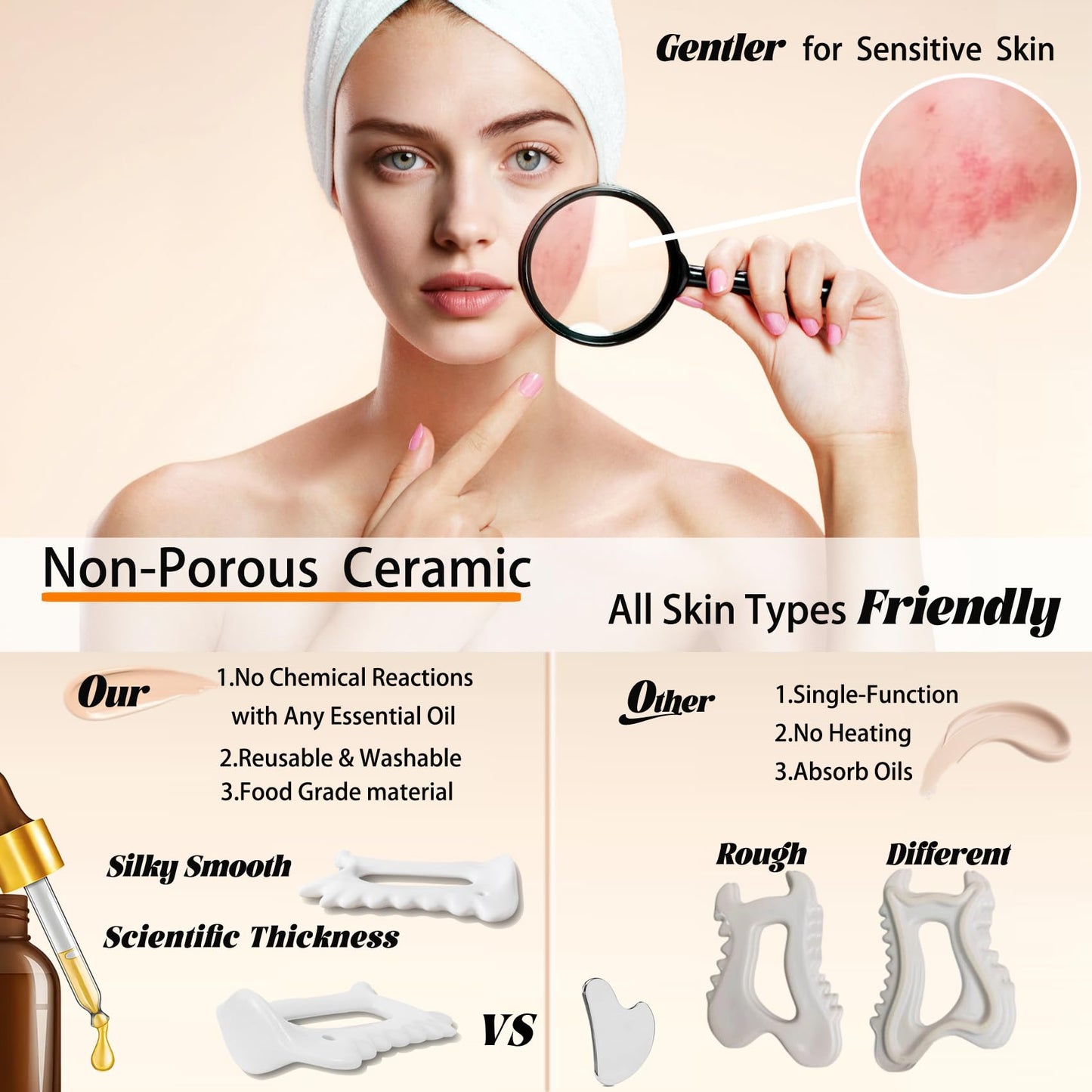 Aurift Ceramic 6‑in‑1 Gua Sha Tool for Face & Body, Jawline Sculpting, Double Chin Reduction, Lymphatic Drainage, Trigger Point Manual Massage Tool, Self-Care Gift Box for Women, White