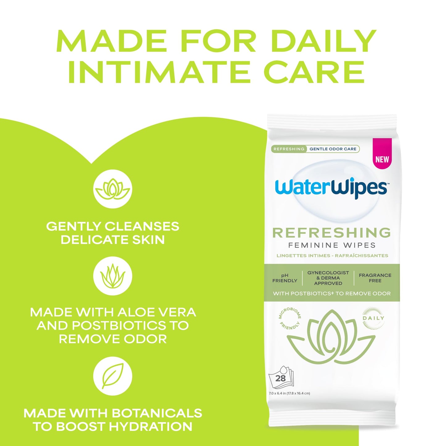 WaterWipes Refreshing Feminine Wipes, Stay Fresh On-The-Go, pH Friendly for Daily Intimate Care, Odor Removal, Gynecologist Approved, Fragrance Free, 112 Count (4 Packs)