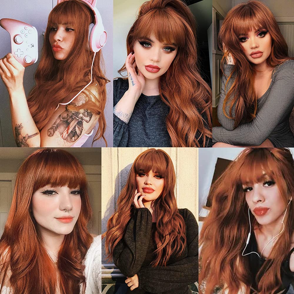 FORCUTEU Auburn Wig with Bangs Long Auburn Wigs for Women Auburn Wavy Wig Heat Resistant Wigs for Daily Party Halloween (Auburn 24inch)