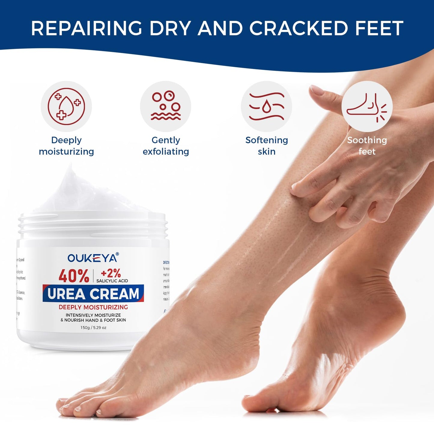 OUKEYA NEW FORMULA Urea Cream 40% Plus 2% Salicylic Acid for Feet Maximum Strength, Dry Cracked Hand Heel Moisturizing Repair Lotion for Knees, Elbows, Removes Corns, Dead Skin Cream, 5.29 oz