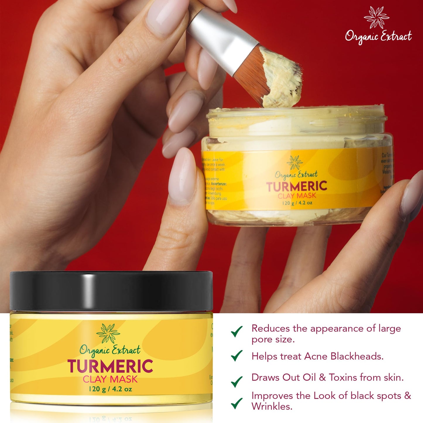 ORGANIC EXTRACT Turmeric Face Mask – 4.2 fl oz / 120g – Vitamin C Brightening Clay Mask for Face, Formulated to Reduce Dark Spots, Deep Cleansing Clay Mask, with Honey, Jojoba Oil, Aloe Vera