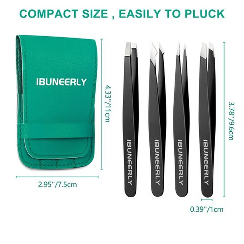 iBuneerly Tweezers Set, 4Pcs Tweezers for Women with Travel Case, Professional Stainless Steel Eyebrows Tweezers, Great Precision Tweezers for Ingrown Hair, Facial Hair, Splinter Removal (Black)