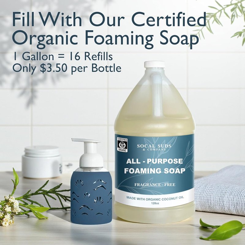 Foaming Glass Hand Soap Dispenser with Pump - Refillable Kitchen & Bathroom Soap Bottle | Storm Blue 8oz, Non-Slip Silicone Sleeve