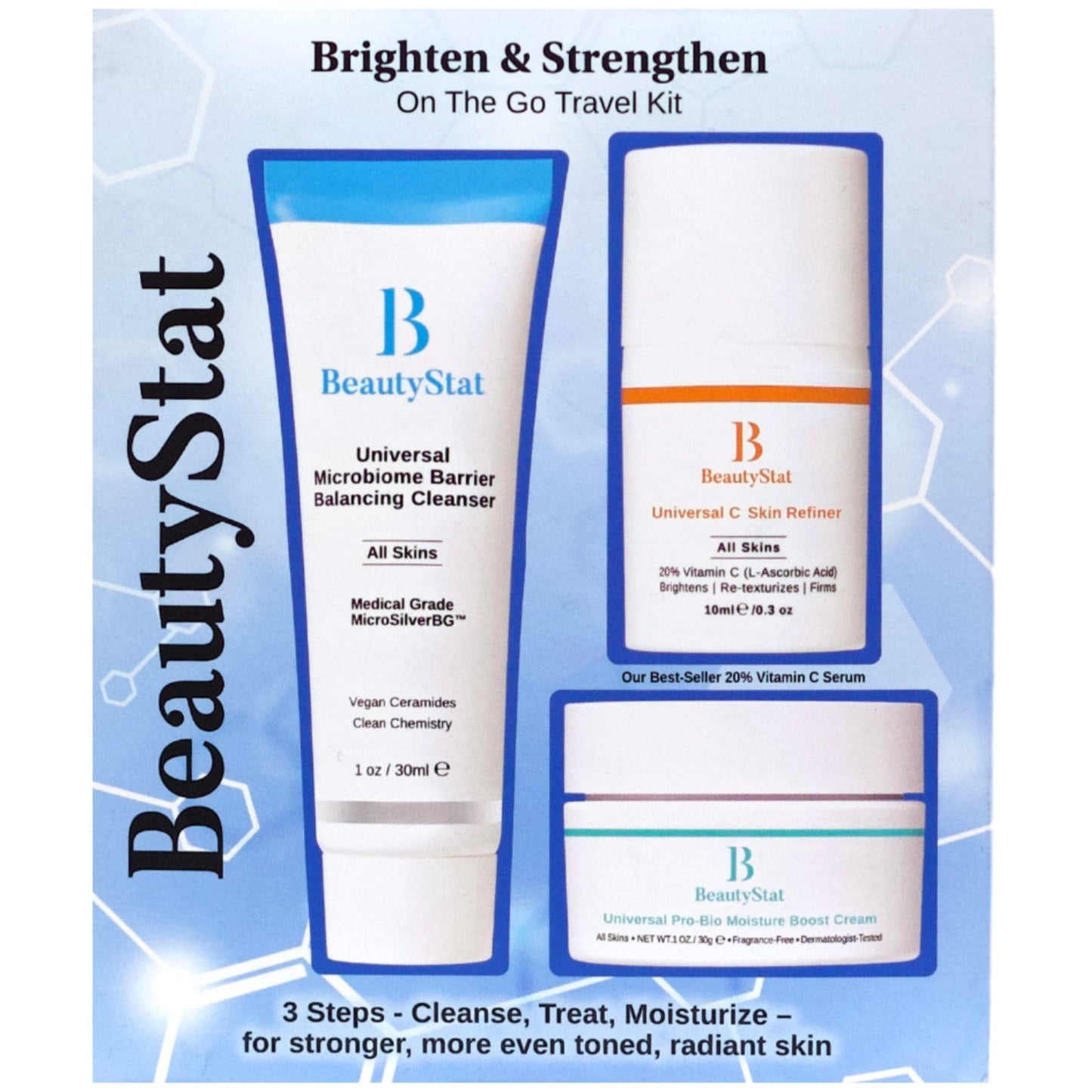 BeautyStat Brighten & Strengthen On The Go Kit - Featuring Universal Microbiome Barrier Balancing Cleanser, Universal C Skin Refiner & Pro-Bio Moisture Boost Cream - 3-Piece Travel Kit