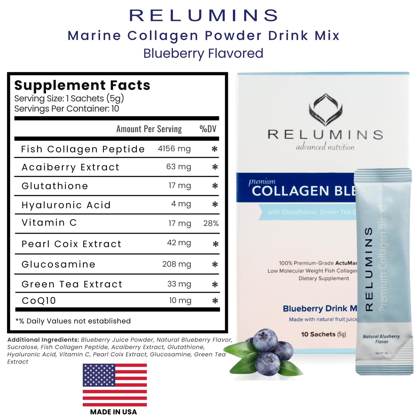 Relumins Marine Collagen Drink Mix 5000mg Type I, II, III Peptides with Glutathione, Green Tea, CoQ10 & Hyaluronic Acid for Smooth Glowing Skin - Blueberry Flavor - 20 Sachets + 2 Free