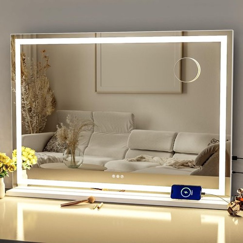 Gvnkvn Makeup Vanity Mirror with Lights 32" x 24" Large LED Makeup Mirror, Light up Mirror with 10X Magnification and USB Charging Port, Dimmable 3 Modes, Touch Screen Control Square Corner