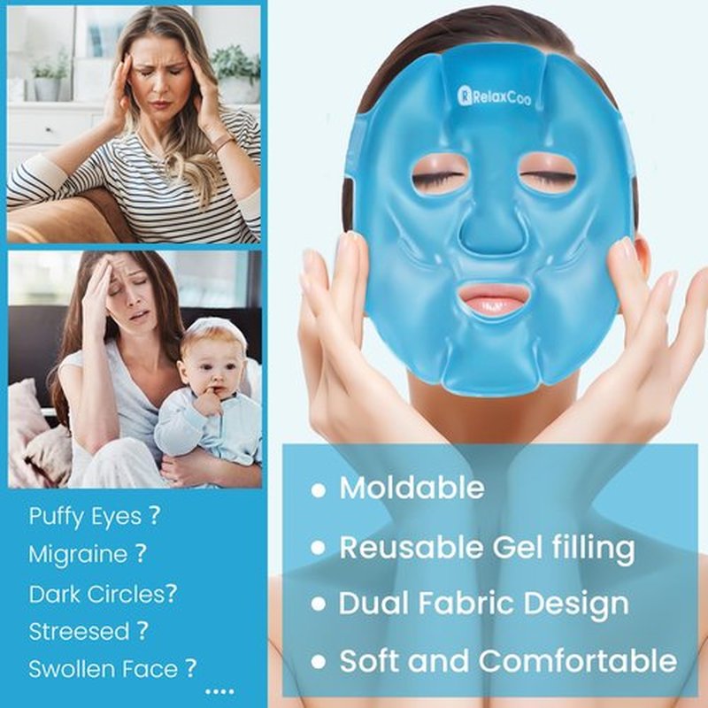 RelaxCoo Cold Face Eye Mask Ice Pack Reduce Face Puff,Dark Circles,Gel Hot Cold Compress,Face SPA for Woman Sleeping, Pressure, Headaches, Skin Care， Blue