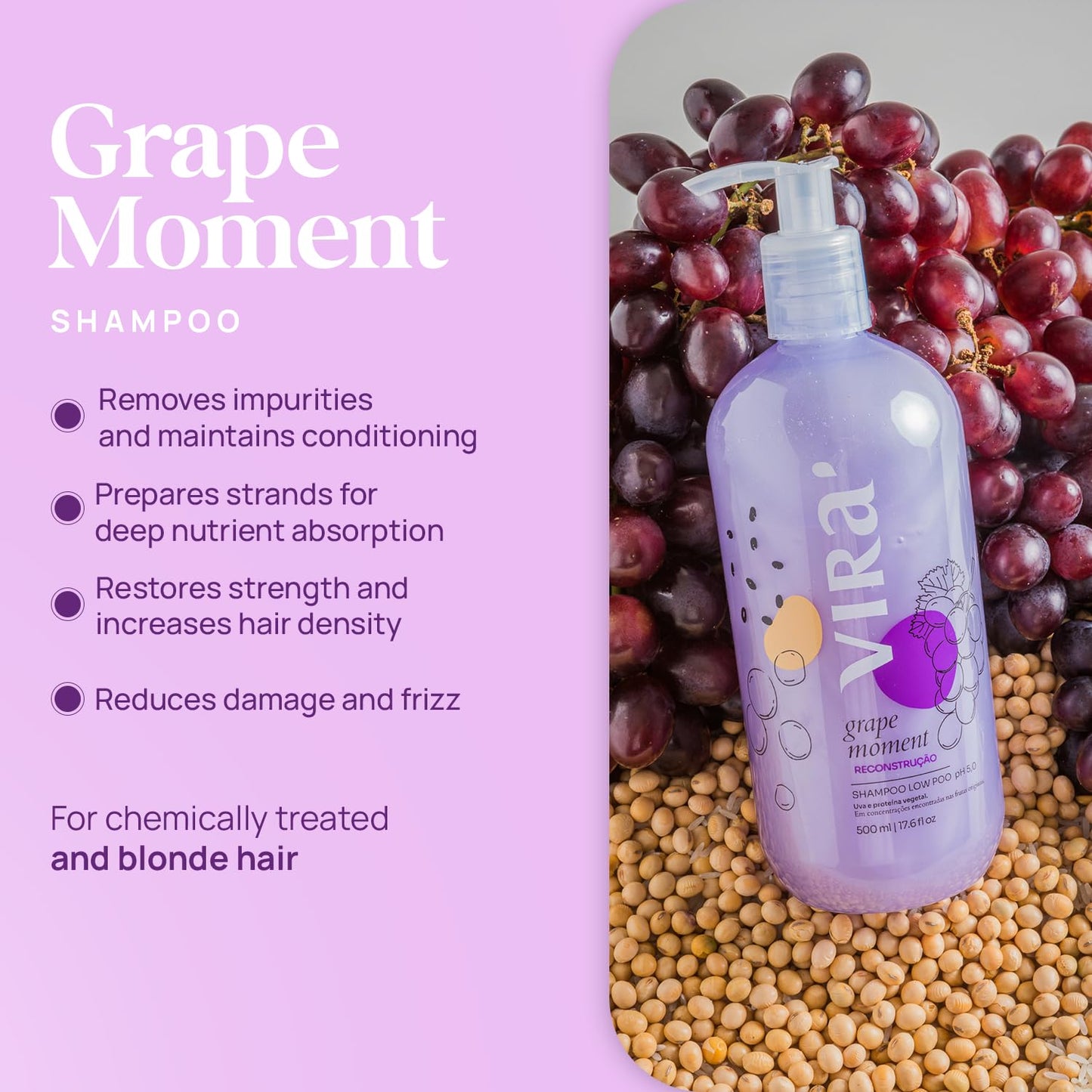VIRÁ Brazilian Shampoo and Conditioner Set, Parabens Free, Damage Repair & Reconstruction, Anti-Frizz, Color Treated Hair, Triple Hydration, Grape Moment 17.6 Fl Oz Each