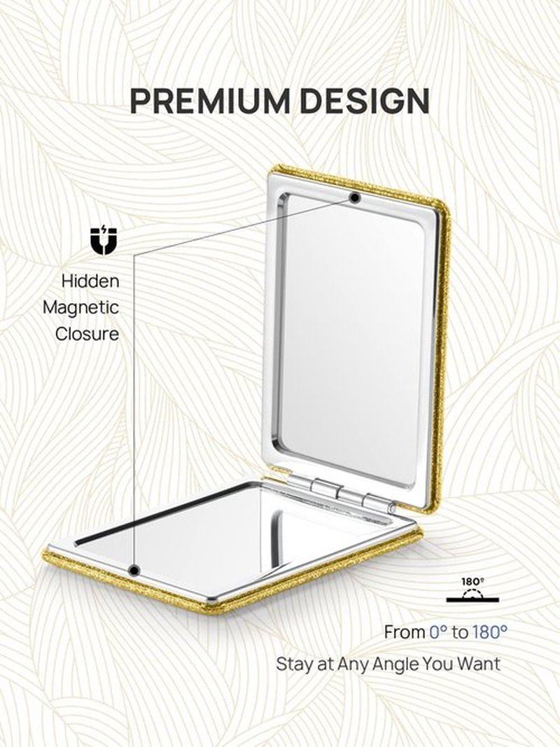 OMIRO Compact Mirror, Glitter PU Leather 1X/3X Magnification, Ultra Portable for Purses, 2.4" W x 3.4" L (Gold)