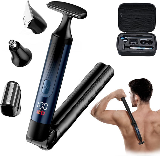 Men's Back Shaver - Ultra-Wide 2" T-Shaped Head, LED Display, Travel Case | IPX7 Wet/Dry, Safety Lock, Space Silver