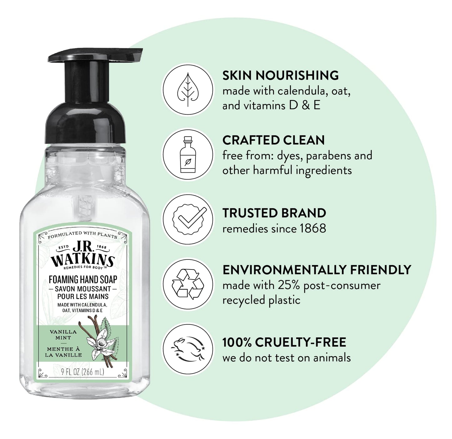 J.R. Watkins Foaming Hand Soap Pump with Dispenser, Moisturizing Hand Soap Foam, Alcohol-Free and Cruelty-Free, Use for Kitchen or Bathroom, Menthe a la Vanille/Vanilla Mint, 9 fl oz, 3 Pack