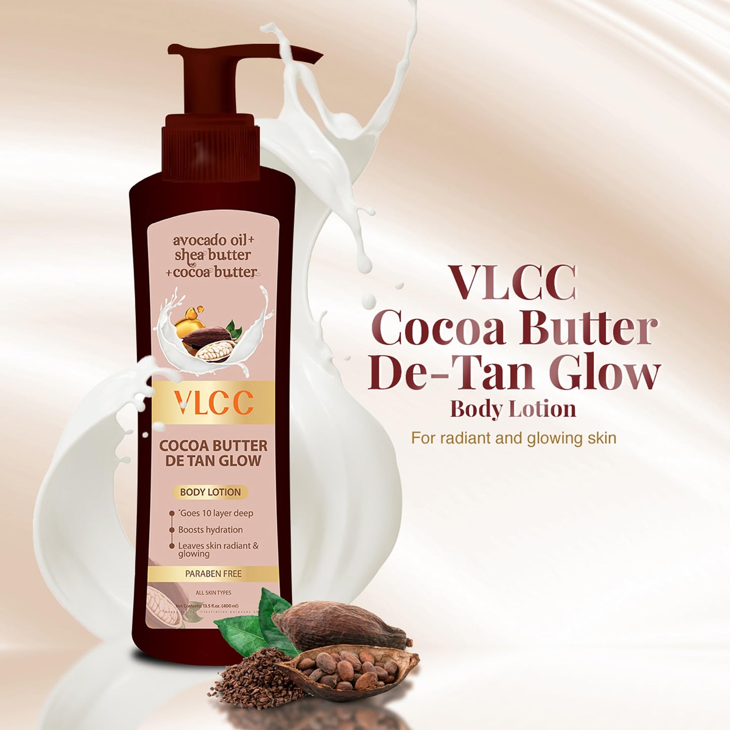 VLCC Cocoa Butter De Tan Body Lotion - Deep Moisturizing Body Lotion for Women - Hydrating Body Cream with Shea Butter and Avocado Oil - 13.5 oz