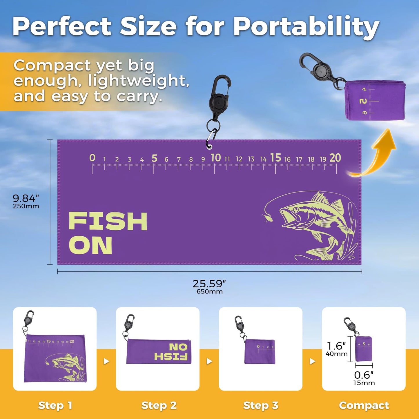 AUTUMNSWAN 2PCS Fishing Towel with Built-in Ruler and Retractable Carabiner Clip, 25.5" X9.8" Premium Microfiber Towel for Cleaning Hands & Tackle Gear, Bass Accessories, Fishing Gifts for Men Dad