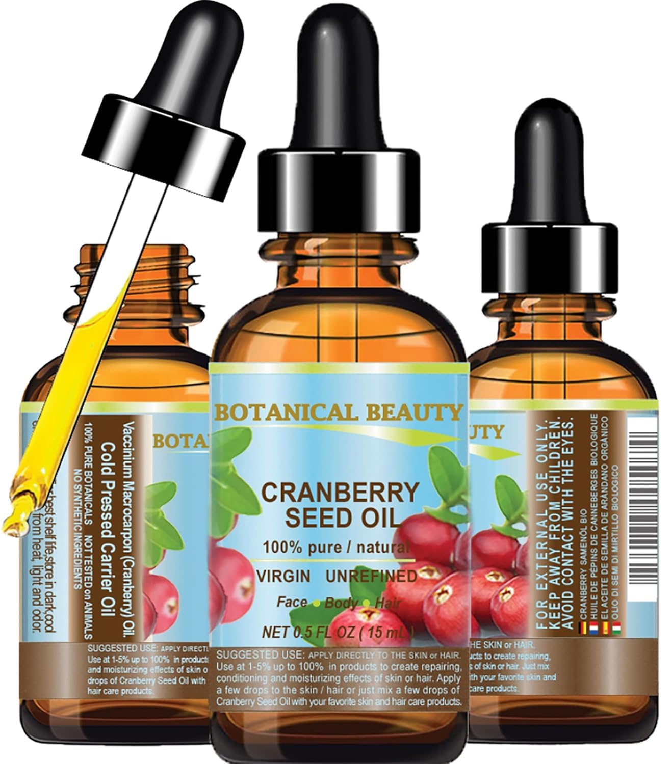 Botanical Beauty CRANBERRY SEED OIL 100% Pure Natural Unrefined Virgin Cold Pressed Carrier Oil 0.5 Fl Oz - 15 ml. for Face, Skin, Body, Hair, Lips, Nails, Anti - Aging Face Oil