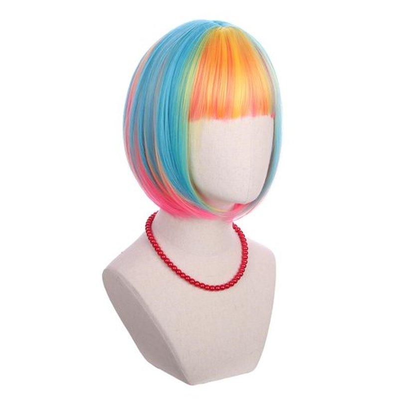 Edivd Kids Rainbow Bob Wig Girls Short Colorful Bob Wig with Bangs Heat Resistant Synthetic Wig with Wig Cap