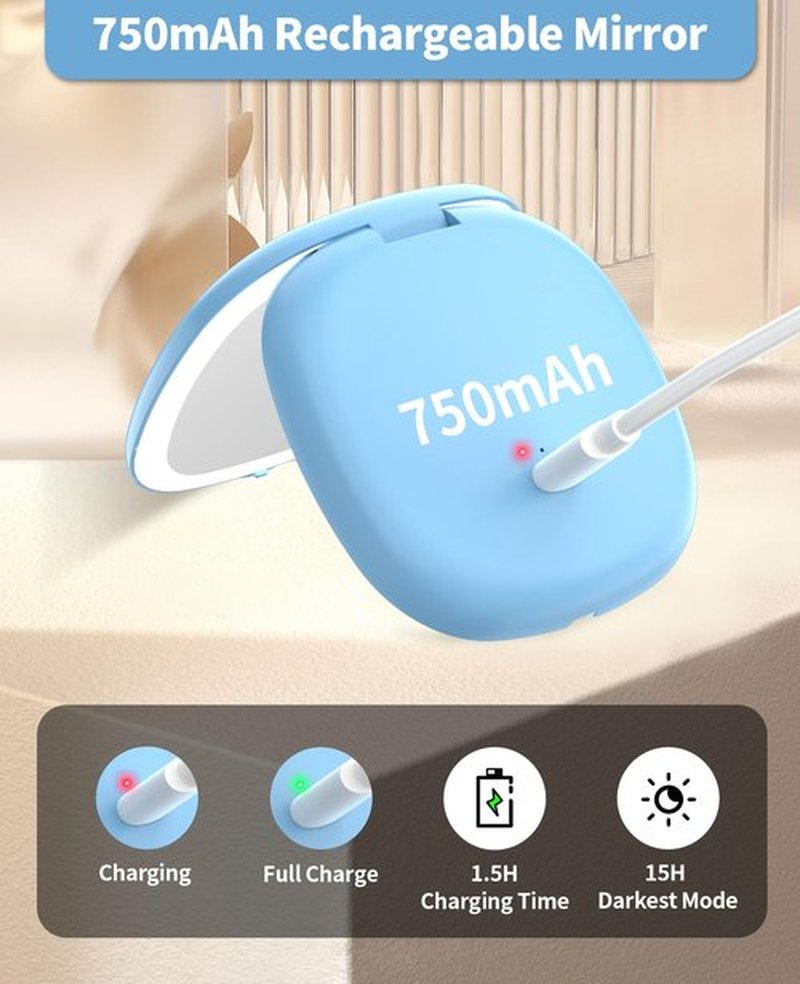 wobsion Travel Mirror with Light, Rechargeable 1x/10x Compact Magnifying Mirror, Dimmable Pocket Mirror,Handheld 2-Side Mirror with Light,4inch Travel Size,Portable for Handbag,Purse,Gift,Blue