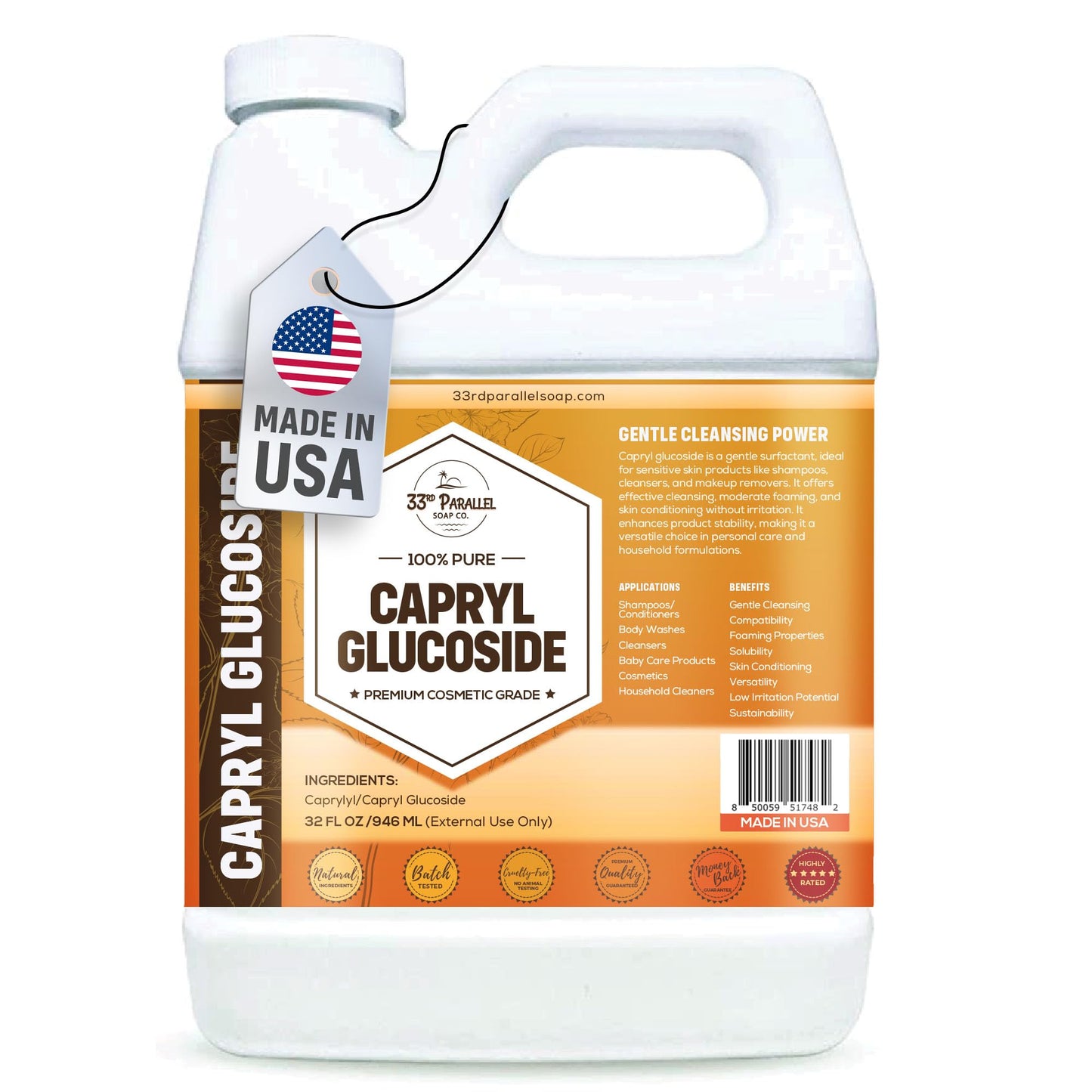 33RD PARALLEL SOAP CO. Capryl Glucoside Liquid Surfactant (32 oz) Plant Derived - DIY Skin Care - Facial Cleansers, Body Washes, Shower Gels, Foaming, Body Soap, Shampoos, Baby Products | 32 OUNCES