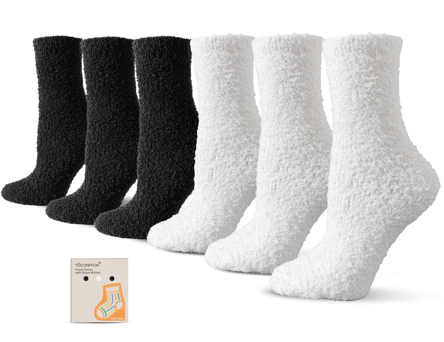 TOCONFFON Women's Fuzzy Socks Cozy Fluffy Socks Hospital Home Sleep Slipper Socks Warm Cozy Gifts Ideas for Mom 6 Pairs(3 White 3 Black)
