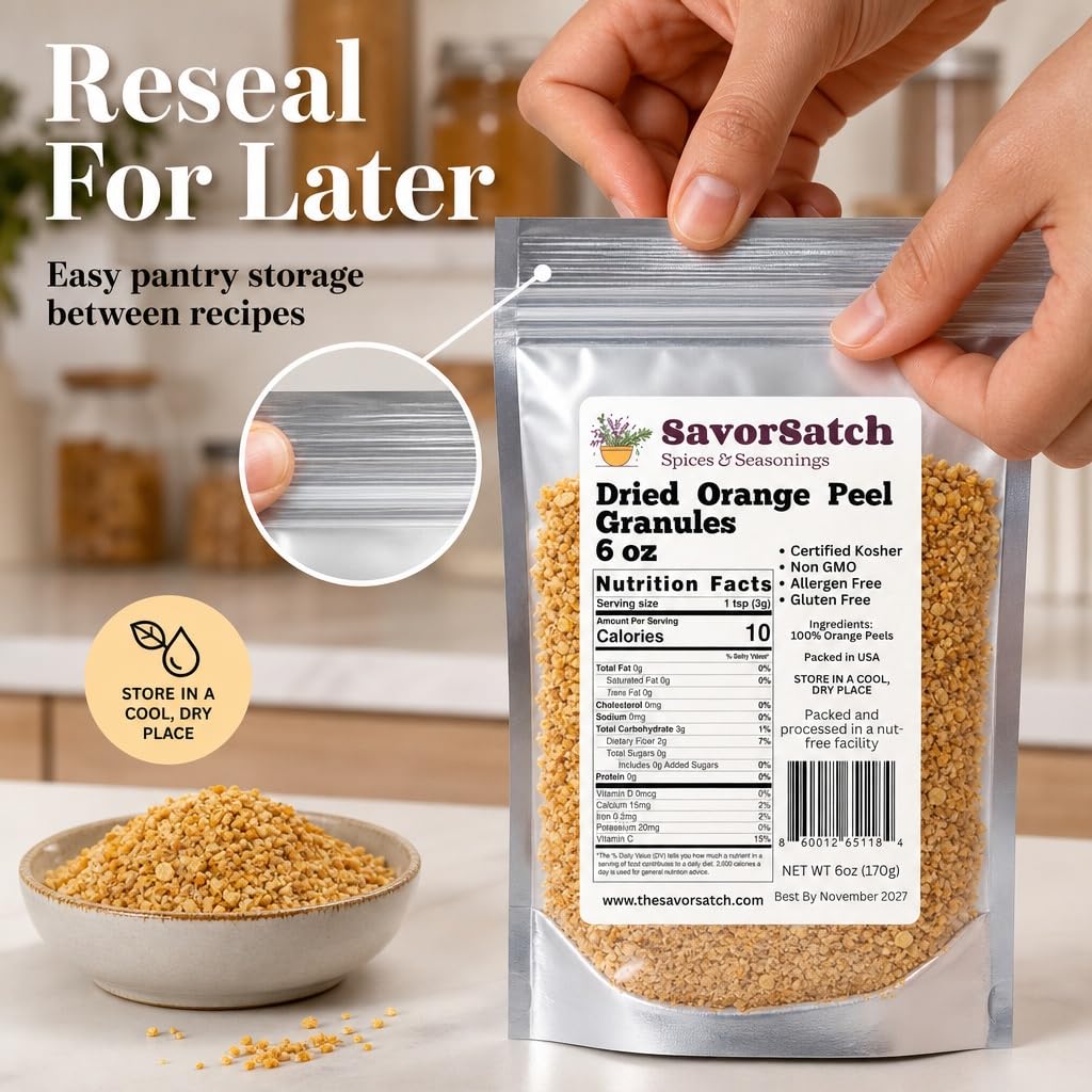 SavorSatch Dried Orange Peel Granules - 6 oz Stand-Up Resealable Pouch | Certified Kosher, Non-GMO | Product of Spain | Fresh and Zesty Citrus Flavor for Cooking, Baking, and Beverages