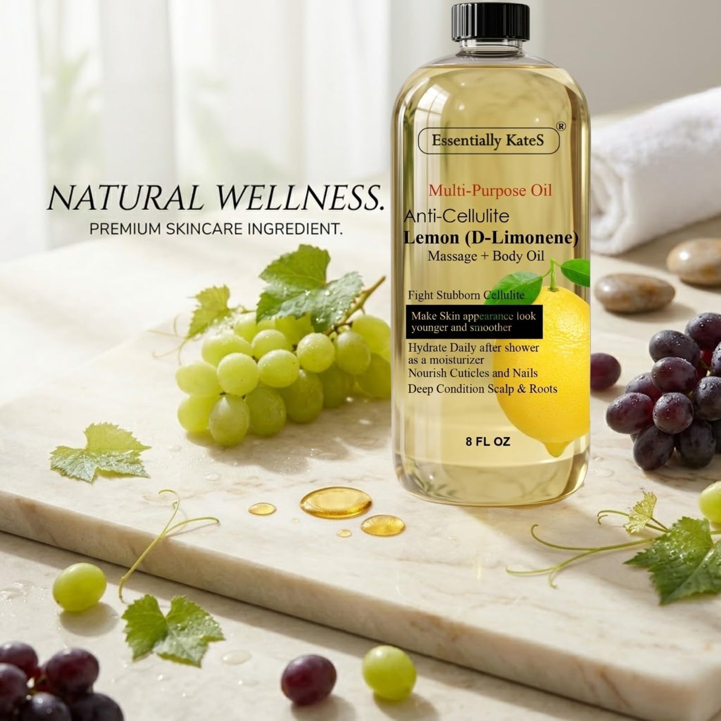 Essentially KateS Lemon (D-Limonene) Massage Lotion Body Oil Multi-Purpose Oil 8 Fl Oz - Cellulite Massage, After-Shower Moisturizer, Hair Scalp Conditioning, and Nail & Cuticles Nourishing