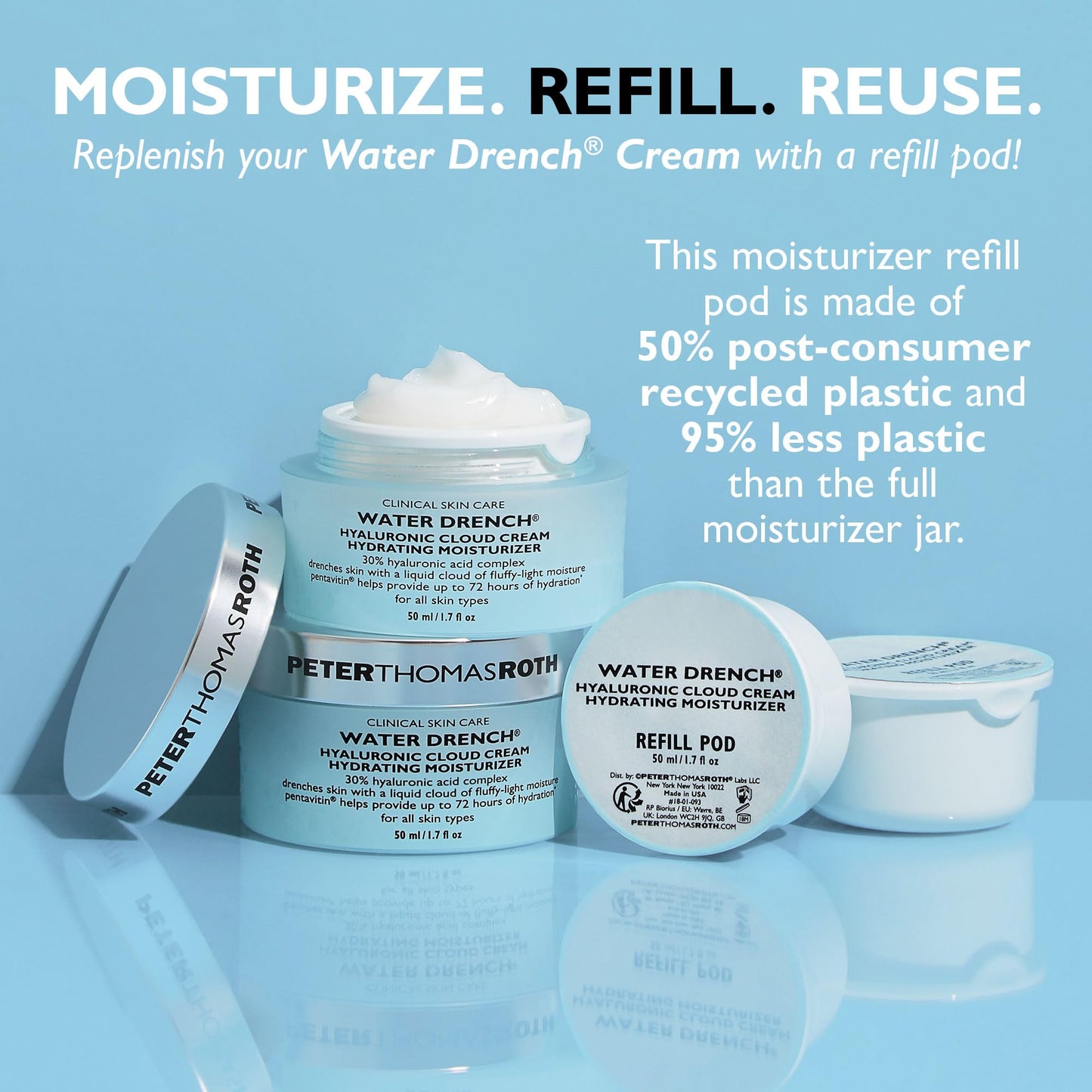 Peter Thomas Roth | Water Drench Hyaluronic Cloud Cream Hydrating Refillable Moisturizer - Pack of 3 | Hyaluronic Acid Cream For All Skin Types, Line-Smoothing, Fragrance-Free