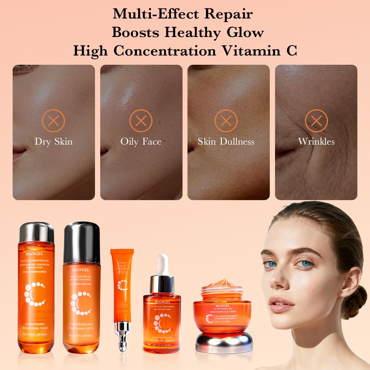HIANGEL 6-Piece Vitamin C Skincare Set for Women, Brightening & Hydrating Face Care Routine Kit with Cleanser, Toner, Serum, Eye Cream, Lotion & Face Cream, Spa Beauty Gift Box