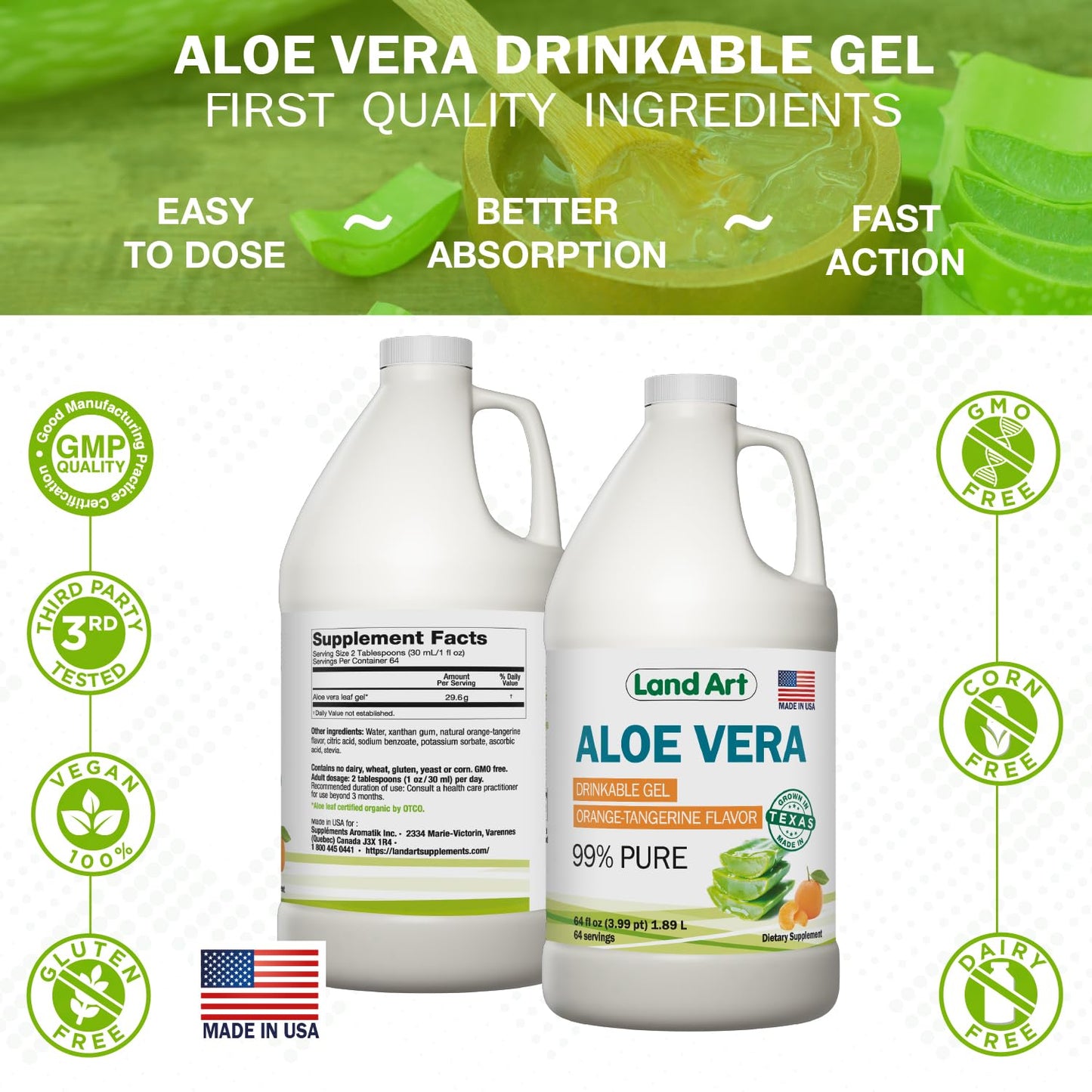 Land Art Pure Aloe Vera Drinkable Gel - Orange Tangerine Flavored - Cold-Processed Inner Filet - from Organic Fresh Leaves from Texas - for Heartburn Relief - Acid Reflux - 64 fl oz