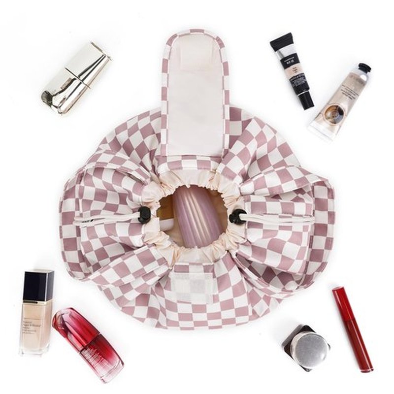 Barrel Drawstring Checkered Makeup Bag Large Cosmetic Bag Make up Bags Toiletry Organizer for Women (Dusty Rose Checkerboard) (Patent)