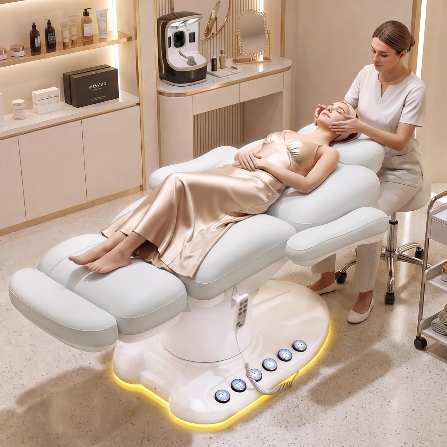 Oakvera Fully Electric Massage Table with 3 Motors, Professional Esthetician Bed with LED Light, Height, Length & Angle Adjustable Beauty Spa Bed for Facial & Medical, Stool Included, White