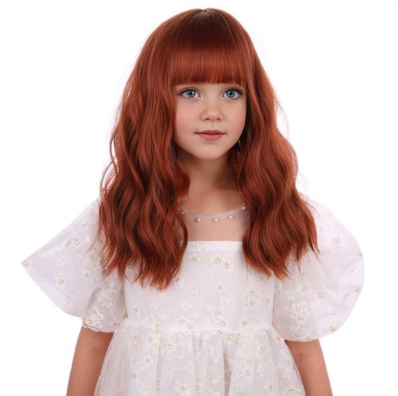 DUDUWIG Kids Orange Wig Girls Short Dark Orange Wavy Curly Wigs Child Orange Wig with Air Bangs Synthetic Cosplay Hair Wig