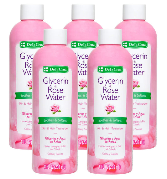 De La Cruz Rose Water and Glycerin for Face - Rosewater Facial Toner and Moisturizer for Skin and Hair 8 fl oz (236 mL) - 5 Bottles