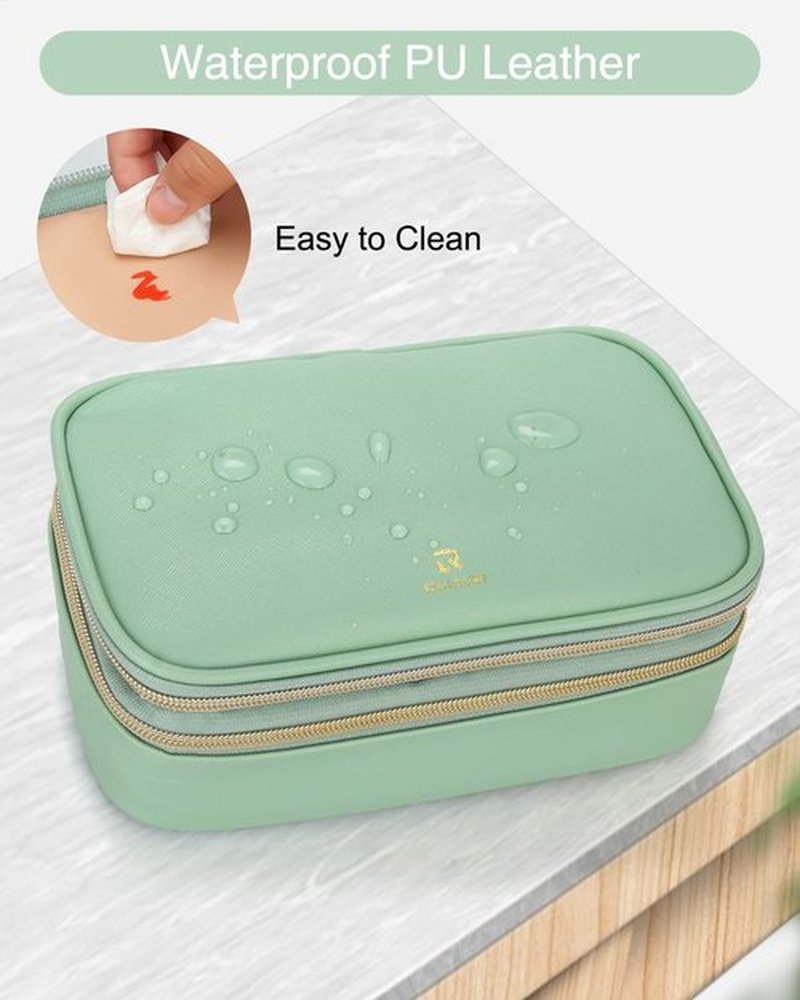 Relavel Travel Small Makeup Bag, Makeup Organizer Bag, Double Layer Cosmetic Bag, Makeup Pouch for Women, Washable Makeup Organizer Bag, Portable Handbag with Handle (Green)