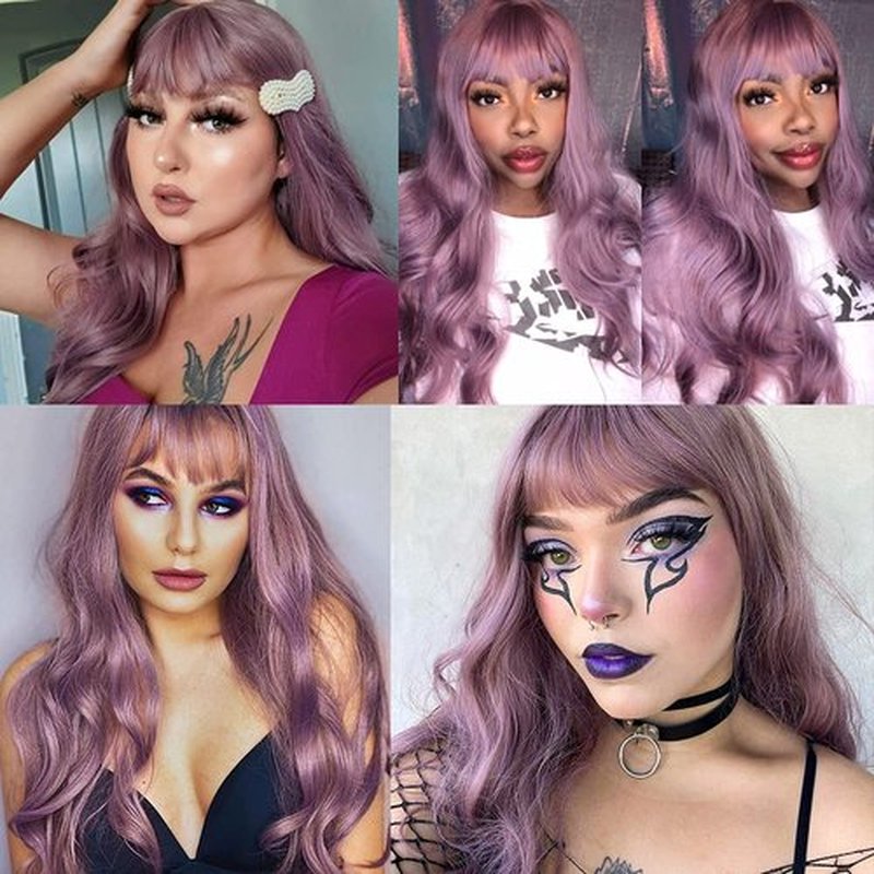 FORCUTEU Purple Wig with Bangs Long Purple Wavy Wigs for Women Purple Wavy Wigs Purple Heat Resistant Wigs for Daily Party Halloween (Purple 26inch)