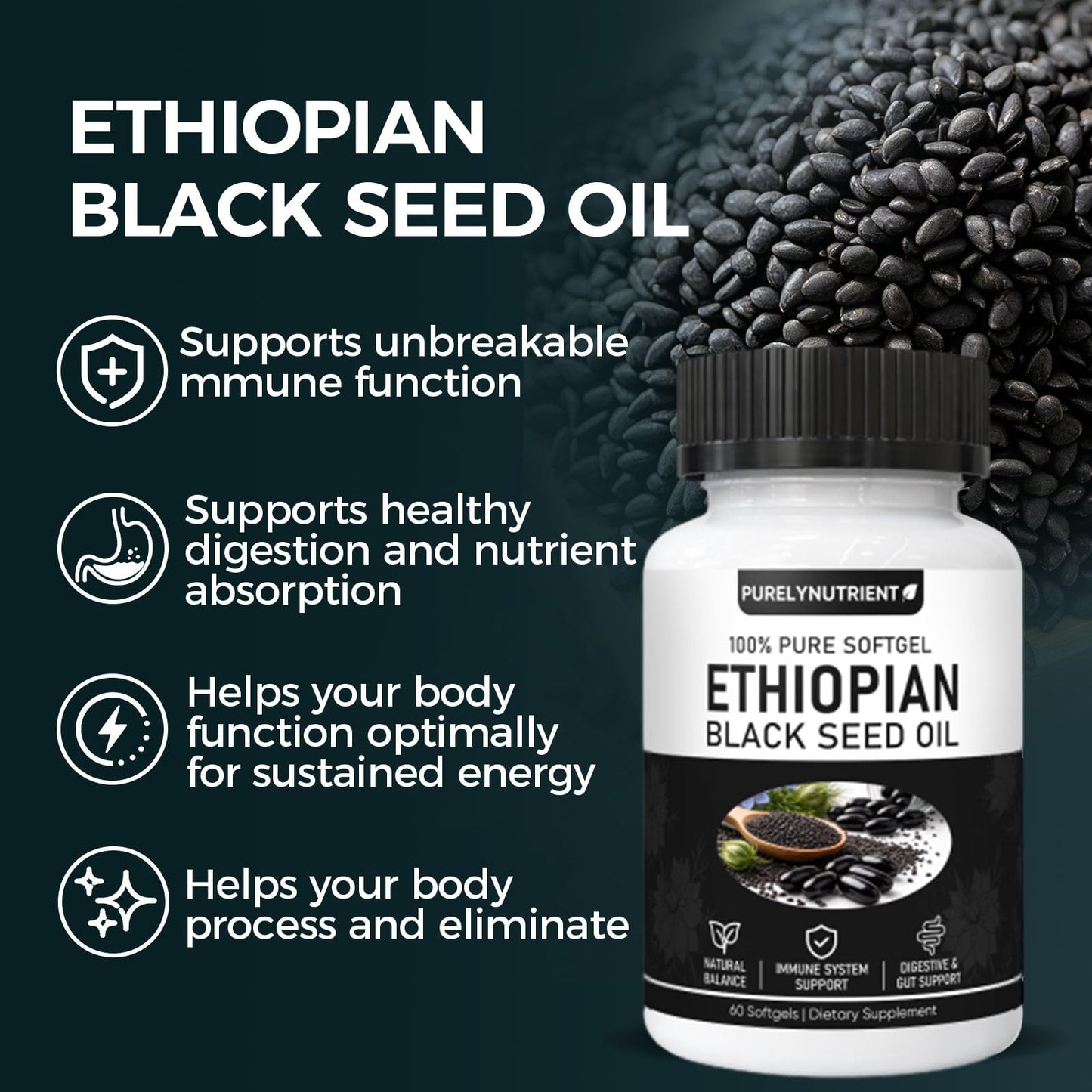 TUVAAZ PURELYNUTRIENT Ethiopian Black Seed Oil Capsules with 4.64% Thymoquinone, Immune Support & Digestion & Energy Booster, Non-GMO, Gluten-Free, 60 Count Softgels