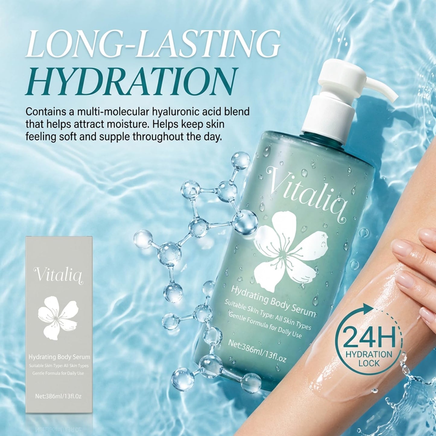 Vitaliq Ha Hydrating Body Serum, Body Hydrator Hyaluronic Acid Body Serum, Lightweight Fast-Absorbing Body Care for Deep Hydration & Silky,Non-greasy Skin (1pcs)