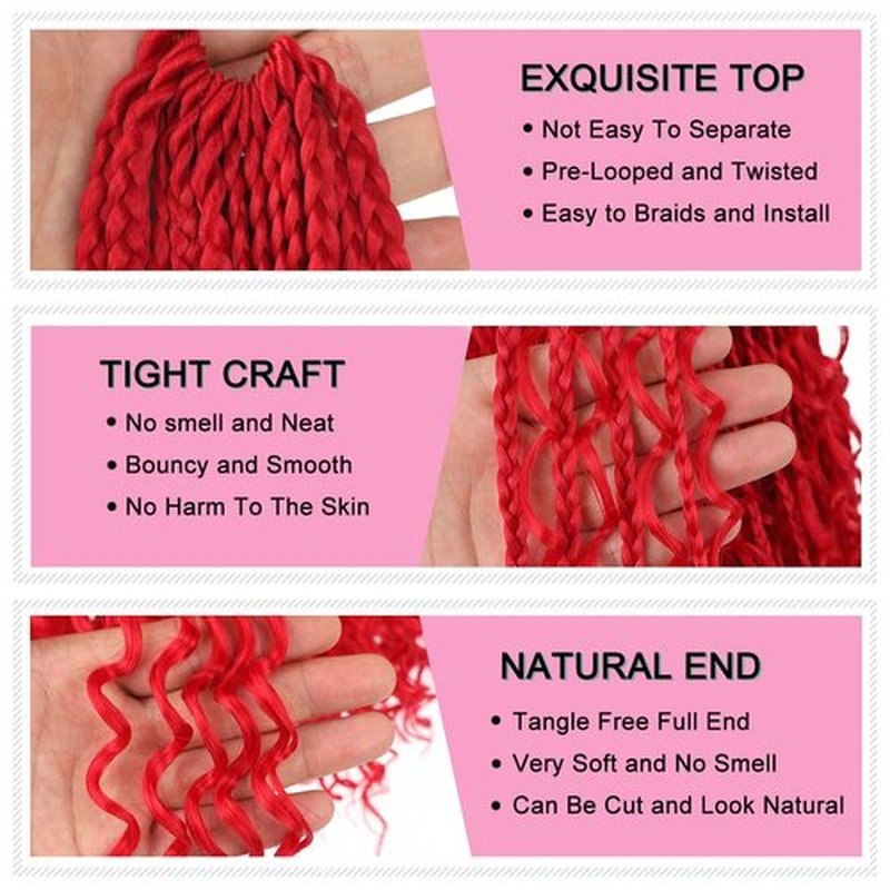 COOKOO 14 Inch Goddess Box Braids Crochet Hair With Curly Ends 8 Pack 3X Synthetic Bohomian Hippie Box Braids Crochet Hair Pre Looped Braiding Hair Extension for Black Women （Red#)