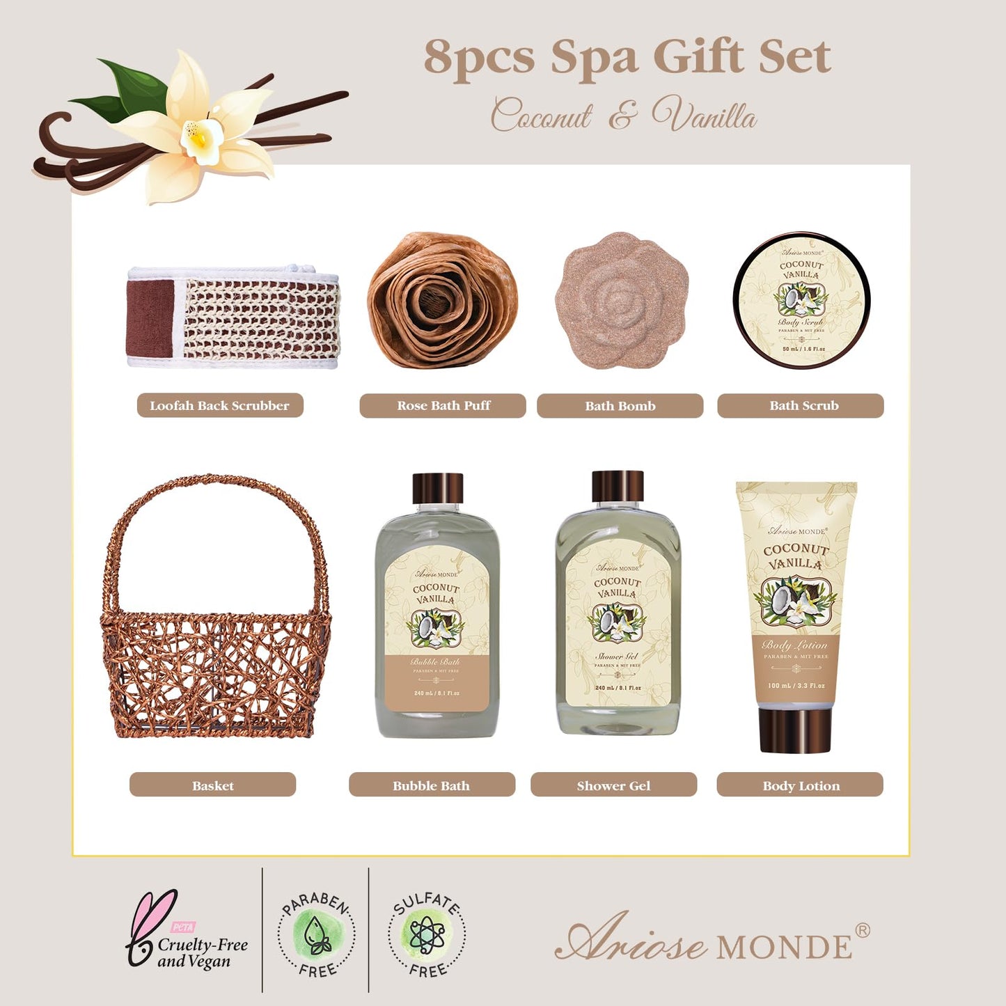 Spa Gift Baskets - Coconut Vanilla Bath Gift Set for Women, Relaxing Spa Kit with Bath Bombs, Body Lotion and Body Scrub, Birthday Gifts for Women, Christmas Spa Gifts for Mom