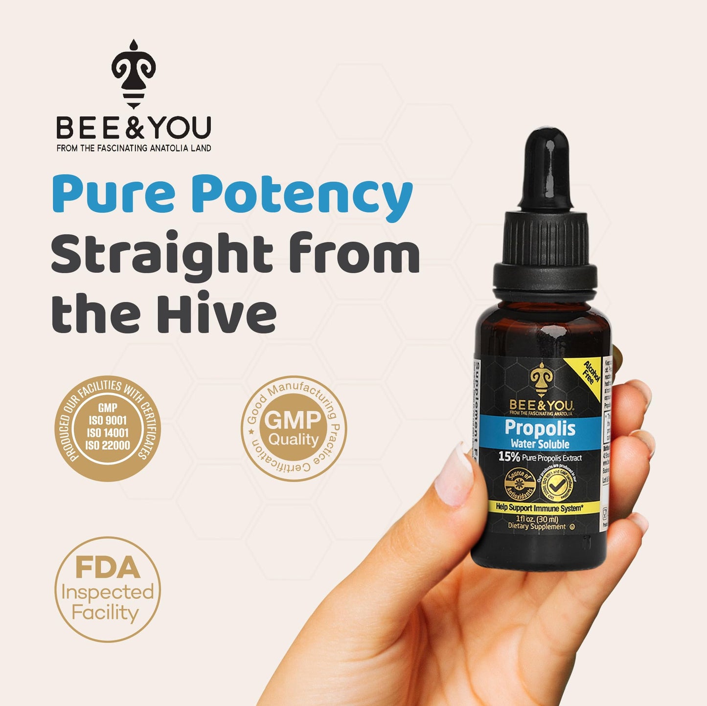 Bee and You Natural Pure Propolis Extract – Water Soluble, Bee Propolis,High Potency, Ultra Pure Immune Support Supplement, Antioxidants, Detox, Gluten-Free, 1 Fl Oz