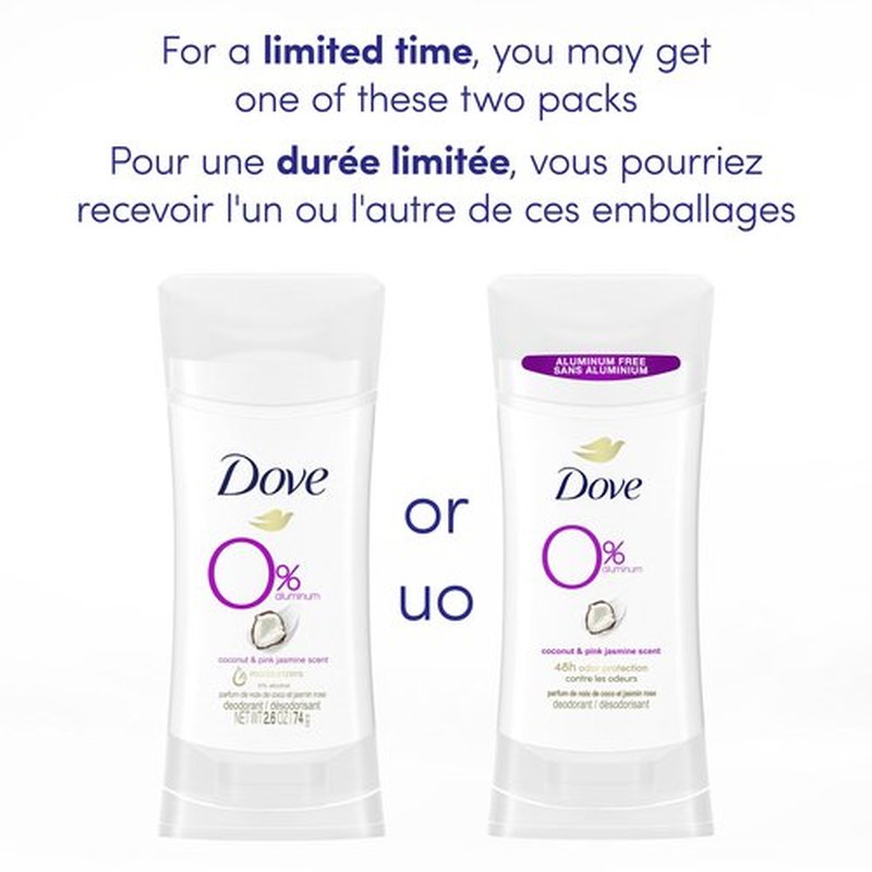 Dove 0% Aluminum Deodorant Stick Non-irritating Deodorant for Underarm Care Coconut and Pink Jasmine Kindest Aluminum Free Deodorant 2.6 oz