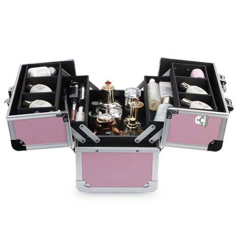 OUDMAY Makeup Case - Professional Portable Aluminum Cosmetics Storage Box With Locks and 2-Deck Folding Trays Pink Diamond