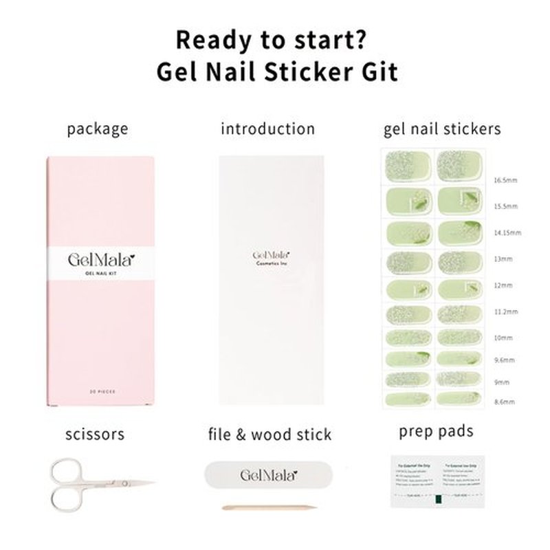 GelMala Semi Cured Gel Nail Strips Green Lily of The Valley Glitter Gel Nail Strips Long Lasting, Easy to Apply & Remove -Gel Strips for Nails Gel Nail Wraps，Easy for begginners (Muguet)