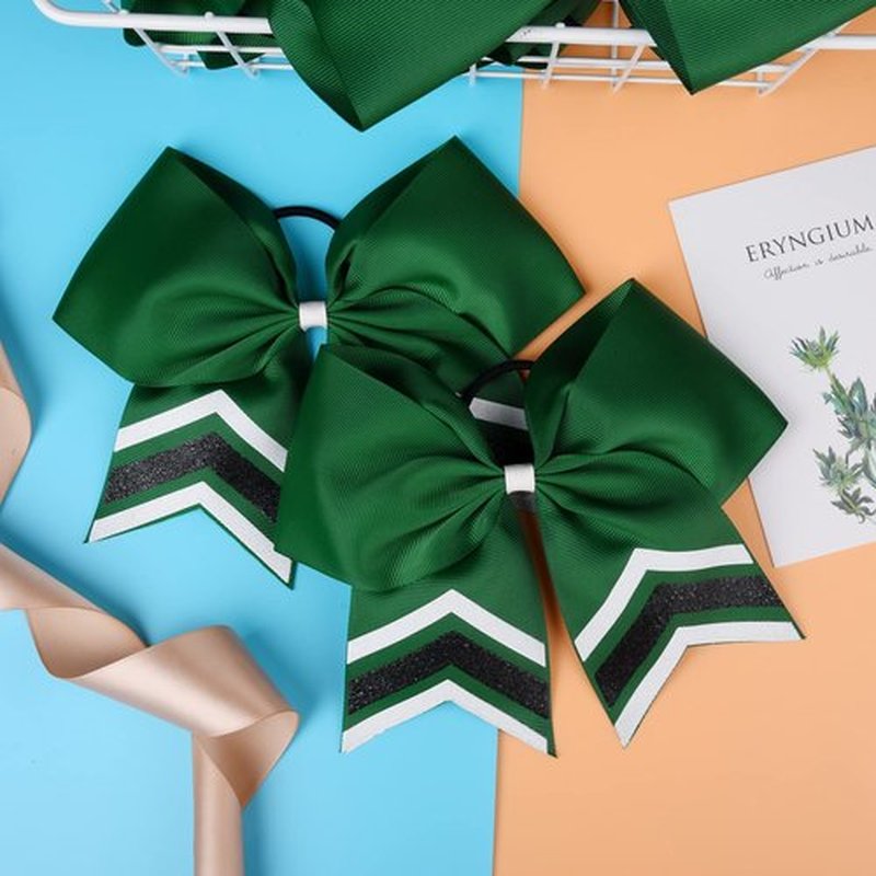 DEEKA 8PCS Large Glitter Cheer Bows Shiny 7" Cheer Hair Bows Ponytail Holder Handmade for Cheerleader Girls Softball Sports -Green/g Black