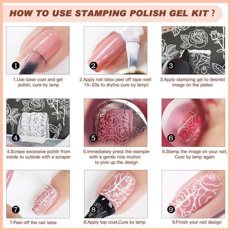 8 Colors Nail Stamping Polish Gels Nail Stamper Kit + 4pcs Nail Stamp Templates + 1 Peel Off Nail Tape Stamp Latex Bose Coat & Top Coat with Scraper Flower Holiday Art Design Gift DIY Manicure