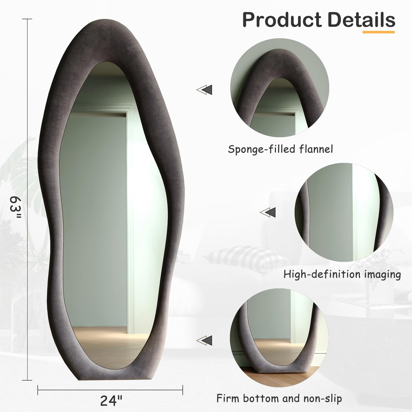 Honyee Full Length Mirror, 63" x 24" Wall Mirror, Flannel Wrapped Wooden Frame Full Body Mirror, Irregular Wavy Mirror Hanging or Leaning Against Wall for Cloakroom/Bedroom/Living Room, Grey