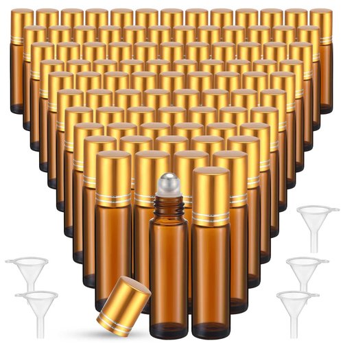 Sumind 150 Pcs Essential Oil Roller Bottles 10 ml Glass Roller Bottles with Stainless Steel Roller Balls Empty Bottles Leak Proof Roll on Bottles with 5 Funnel for Travel Essential Oil (Amber, Gold)