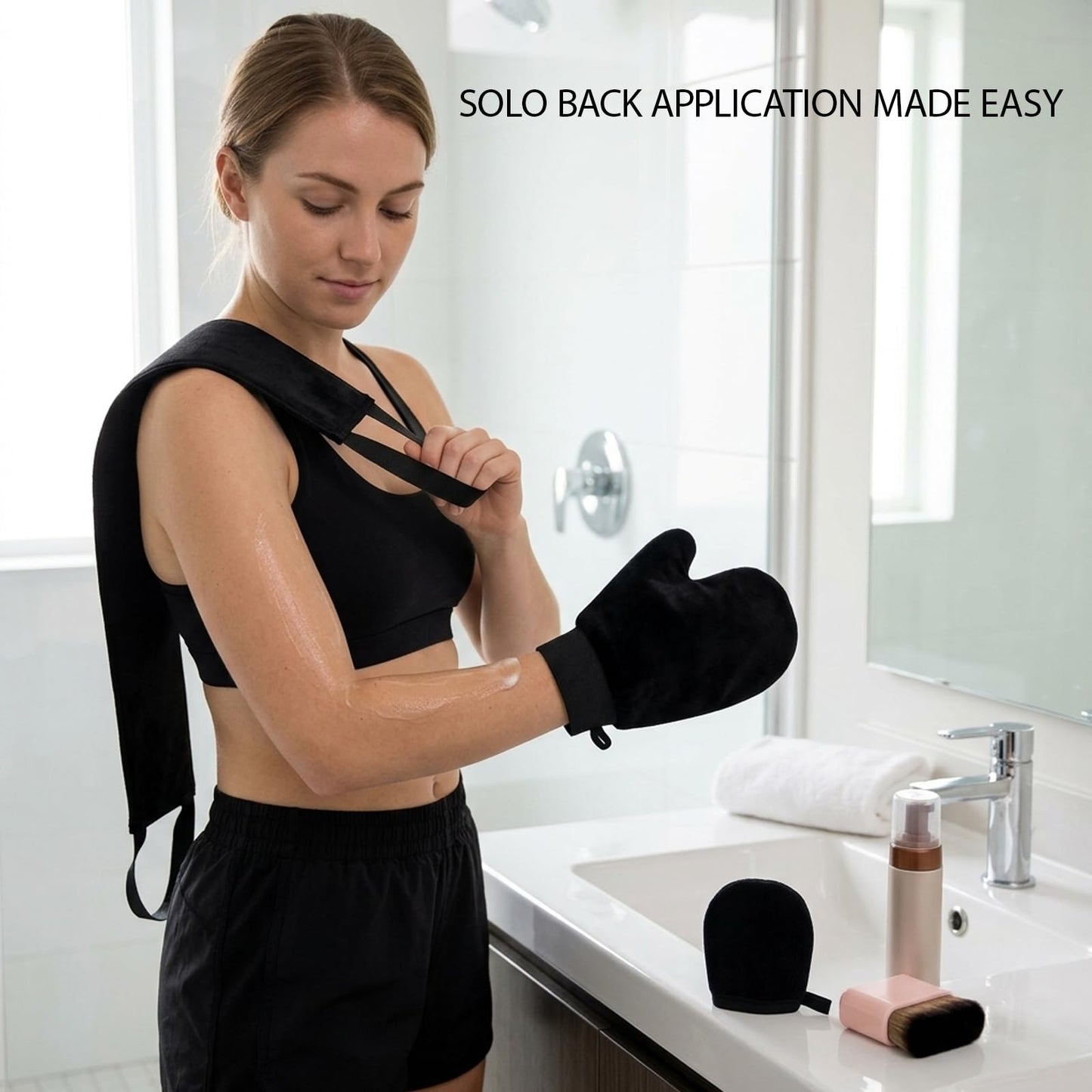 Self Tanner Mitt, Back Tanning Applicator, 4-Piece Self Tanner Kit with Adjustable Strap and Body Brush for Even Application, Made from Durable Polyester Material