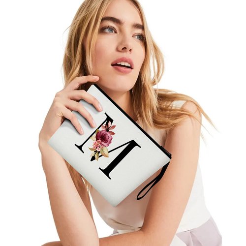 Vavabox A-Z Personalized Makeup Bag,Birthday Gifts for Women Mom,Gifts for Best Friend,Bride Bridesmaid Cosmetic bag (M, White)