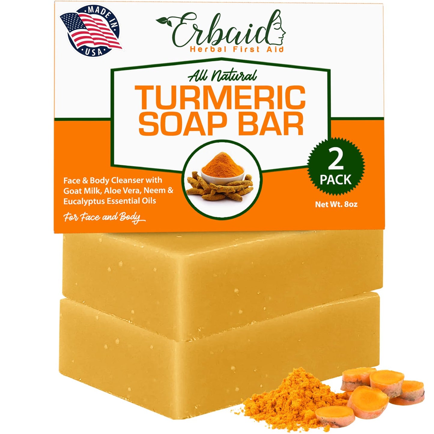 Erbaid Natural Turmeric Soap Bar for Face & Body – Turmeric Skin Brightening Soap Wash for Dark Spots, Intimate Areas, Underarms – Reduces Acne, Fades Scars & Cleanses Skin (4 Ounce (Pack of 2))