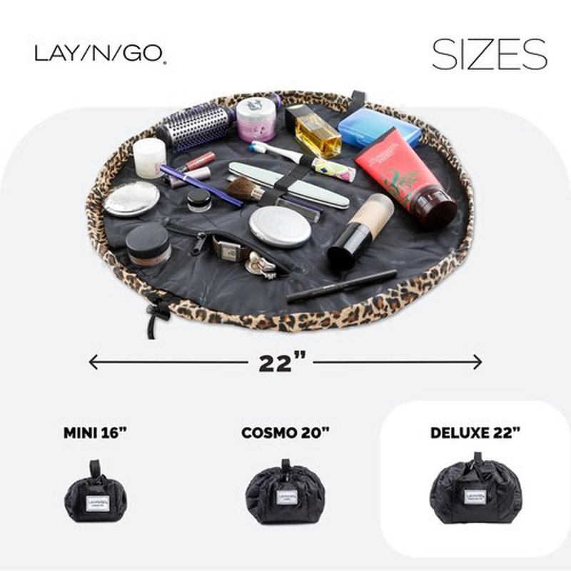 Lay-n-Go Cosmo Drawstring Cosmetic & Makeup Bag Organizer - Portable Drawstring Makeup Bag w/Zipper Pocket, Makeup Loops & More - Durable, Machine Washable Makeup Bag for Travel (22”, Leopard)
