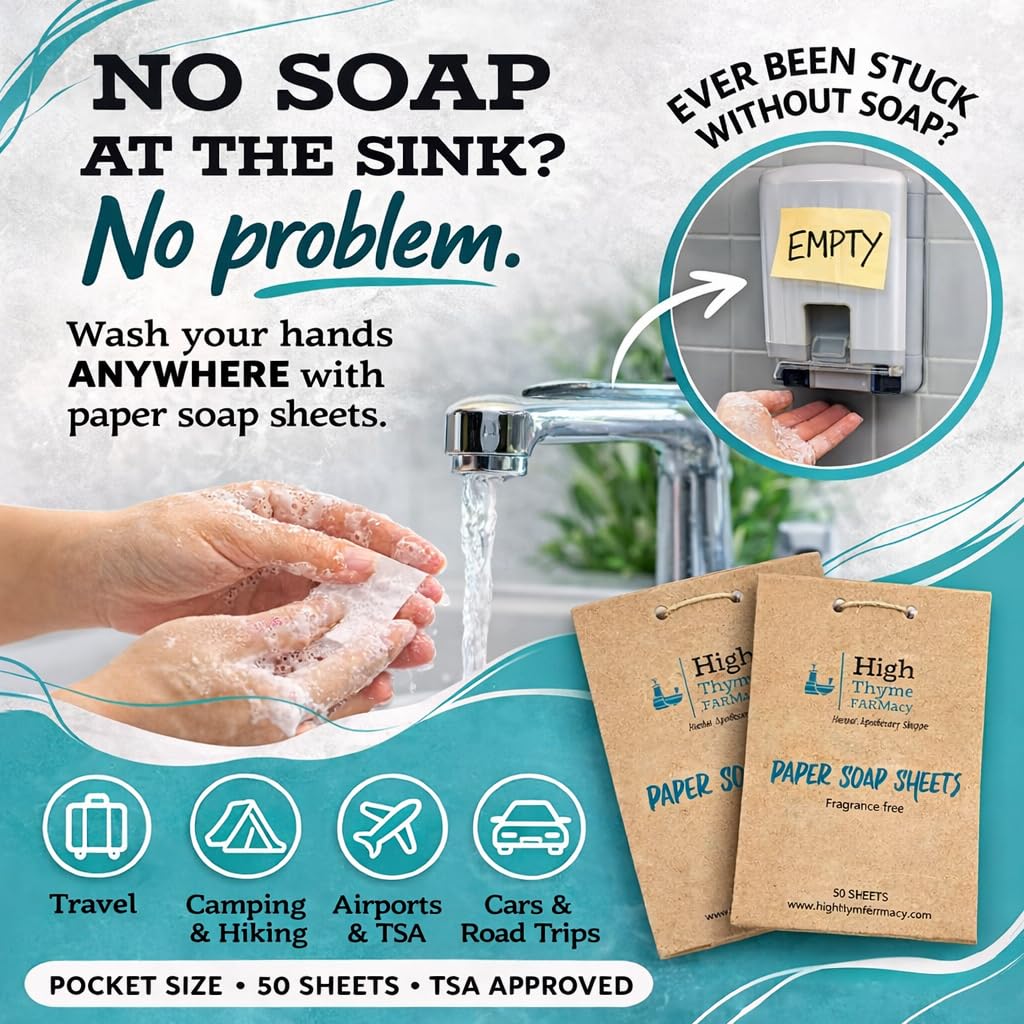 High Thyme FARMacy Travel Soap Sheets (150 Count, 3 Pack) – Portable Paper Soap for Travel, Camping, Hiking & Emergency Kits – Pocket Size Hand Soap Sheets, TSA Approved, Unscented